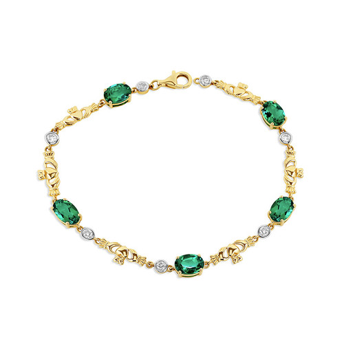 14kt Yellow Gold Claddagh Bracelet Emeralds and Lab Diamonds