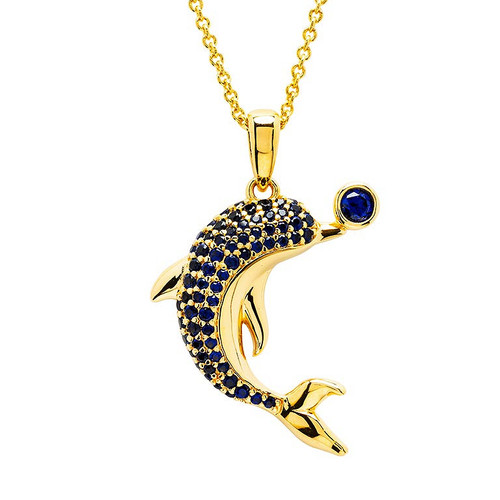 14k Gold Vermeil Blue Lab Grown Sapphire Dolphin Necklace