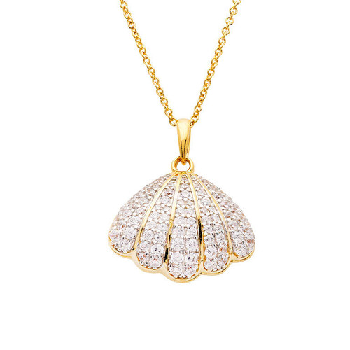 14k Gold Vermeil Shell Pearl Necklace with Cubic Zirconias