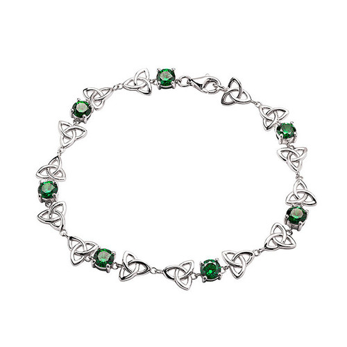 Sterling Silver Celtic Trinity Knot Bracelet with Emerald Green Cubic Zirconia Beads