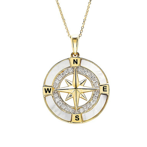 14kt Gold Lab Grown Diamond Mother of Pearl Compass Necklace
