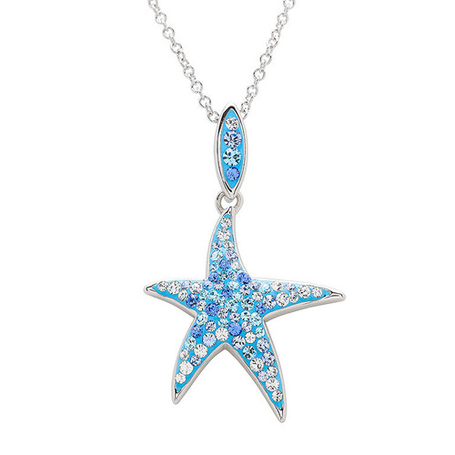 Sterling Silver Starfish Necklace with Aquamarine Crystals