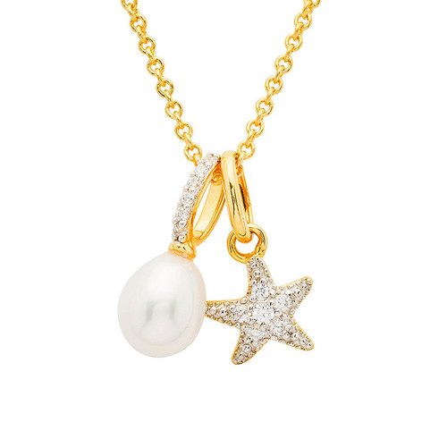 14KT Gold Vermeil Starfish and Pearl Necklace with Cubic Zirconia