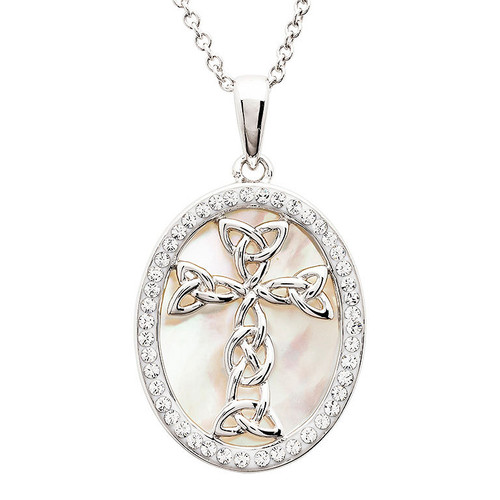 Sterling Silver Mother of Pearl Celtic Cross Medallion Pendant with White Crystals