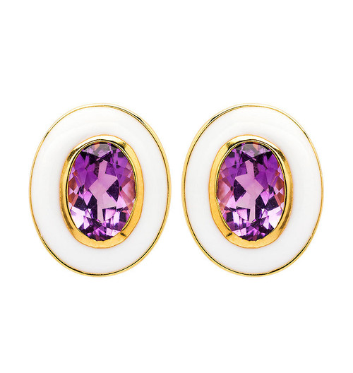 14kt Gold Vermeil Amythest and White Enamel Stud Earrings