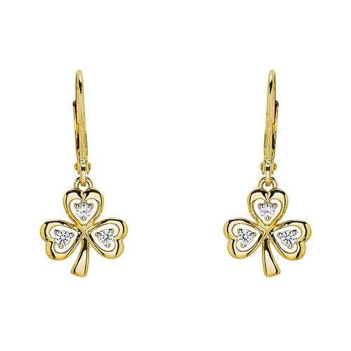 14kt Gold Vermeil Shamrock Drop Earrings with White Sapphires
