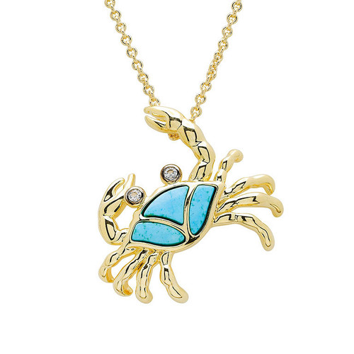 14K Gold Vermeil Crab Necklace With Turquoise and Lab Sapphire