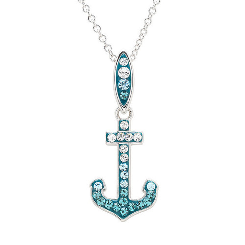 Sterling Silver Anchor Necklace with Aqua and White Crystals