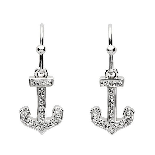 Anchor Drop Earrings Encrusted with White Crystal