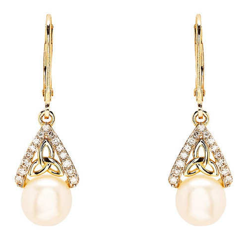14kt Gold Lab Grown Diamond Freshwater Pearl Trinity Earrings