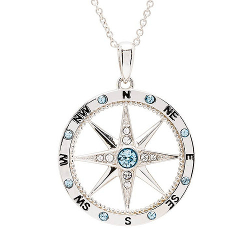 Sterling Silver Aquamarine White Crystal Compass Necklace