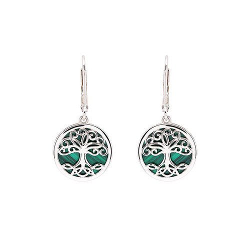 Green Malachite Sterling Silver Tree of Life Drop Earrings