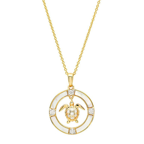 14KT Gold Vermeil Mother of Pearl Sea turtle Necklace with White Cubic Zirconia