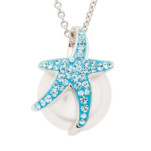Sterling Silver Pearl with Aqua Crystal StarFish Necklace