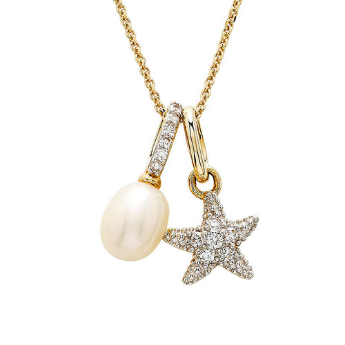 14kt Gold Lab Grown Diamond Freshwater Pearl Starfish Necklace