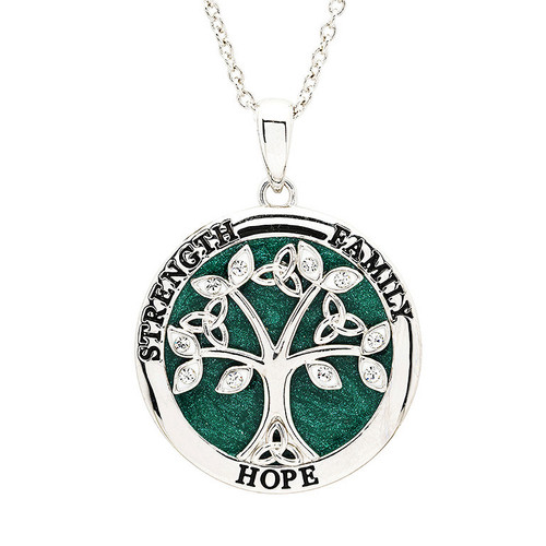 Platinum Plated Tree of Life green enamel Crystal Necklace
