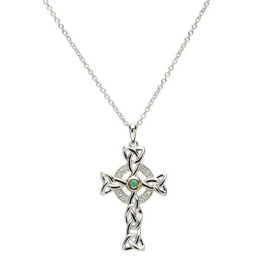 Trinity Knot Diamond & Emerald Silver Celtic Cross Necklace