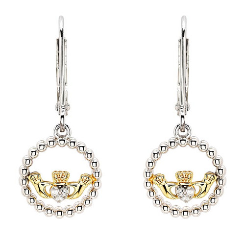Sterling Silver CZ Claddagh Drop Earrings with Gold Plated Detail