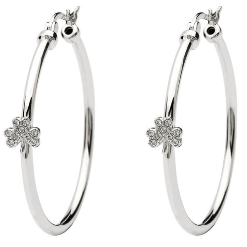 Shamrock Sterling Silver Hoop Earrings Adorned With Crystals