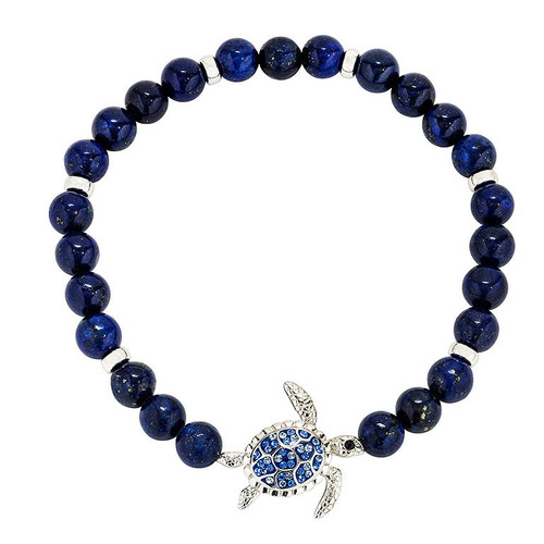 Sterling Silver Lapis Sea Turtle Stretchy Bracelet With Crystals
