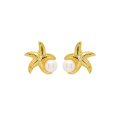 14KT Gold Vermeil Star Fish and Pearl Stud Earrings