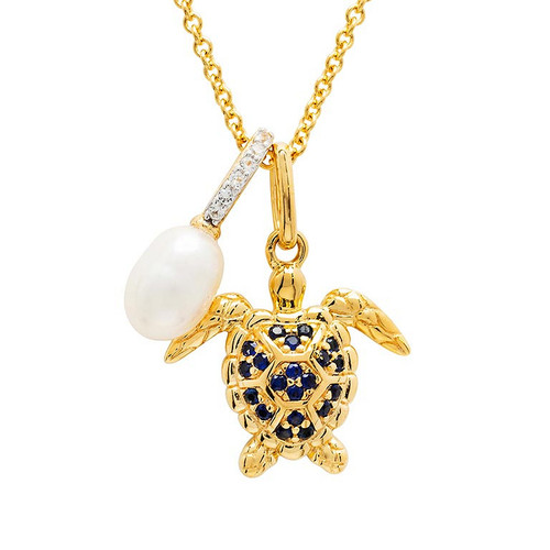 14k Gold Vermeil Blue and White Lab Grown Sapphire Turtle Necklace