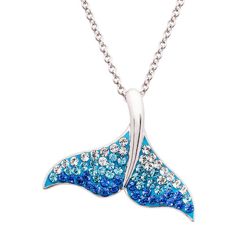Sterling Silver Whale Tail Necklace with Ombre Blue Crystals