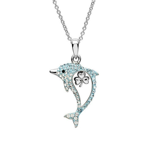 Aqua Shamrock Dolphin Necklace with Crystals