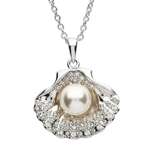 Silver Pearl Sea Shell Pendant Embellished With White Crystal