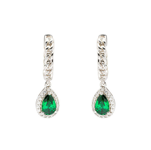 Sterling Silver Emerald CZ Halo Drop Earrings