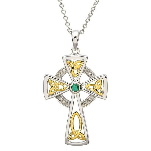 Trinity Knot Diamond & Emerald Silver Celtic Cross Pendant
