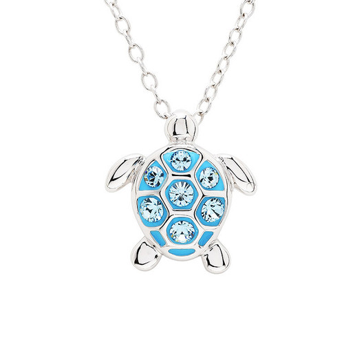 Sterling Silver Blue Aqua Crystals Turtle Mini Necklace
