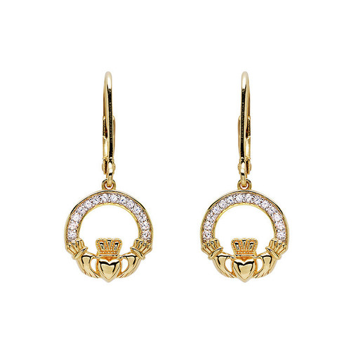 14KT Gold Vermeil Drop Claddagh Earring Studded with White Cubic Zirconias