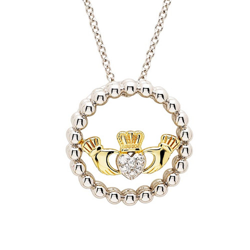 Sterling Silver CZ Claddagh Necklace with Gold Plated Detail