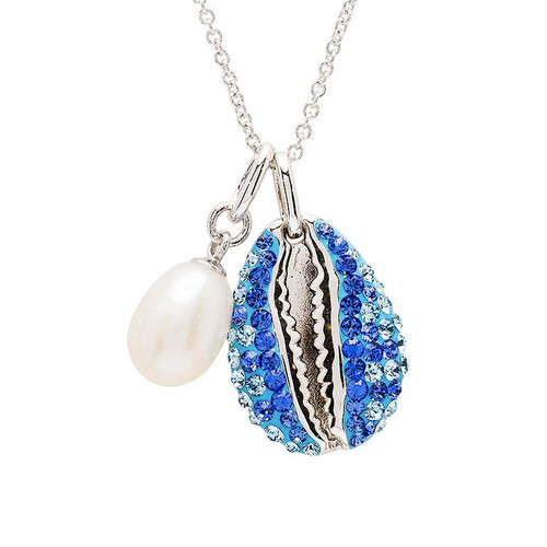 Sterling Silver Sapphire Aquamarine Crystal Pearl Cowrieshell Necklace