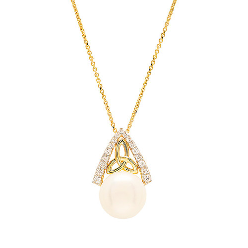 14kt Gold Lab Grown Diamond Freshwater Pearl Trinity Necklace