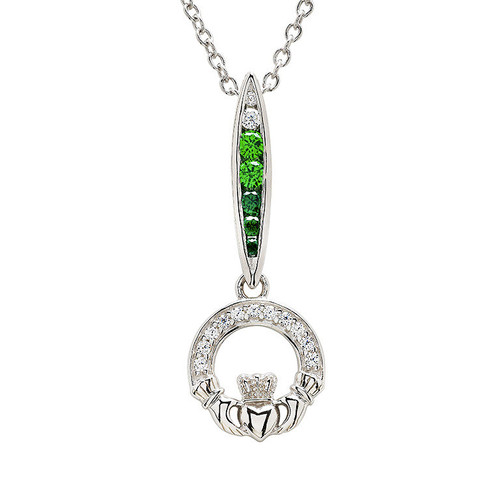 Sterling Silver Claddagh Necklace with Green and White CZ