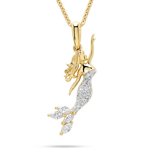 14K Gold Mermaid Necklace with Diamonds Tail