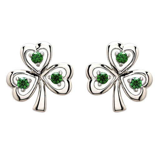 Sterling Silver with Emerald Cubic Zirconia Shamrock Stud Earrings