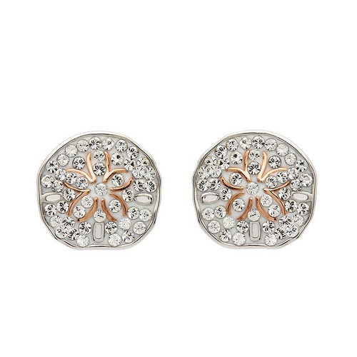 Rose Gold Sand Dollar Earrings with Aqua Crystals