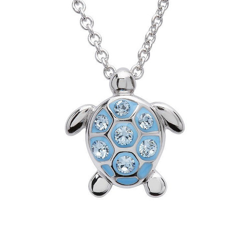 Sea Turtle Necklace With Aqua Crystals - Small Size