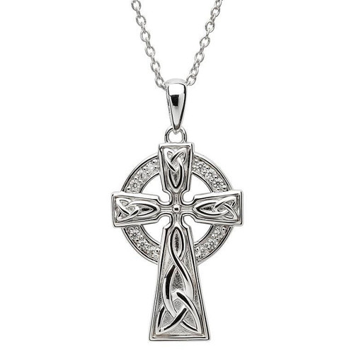 Large Stone Set Trinity Knot Sterling Silver Celtic Cross Necklace