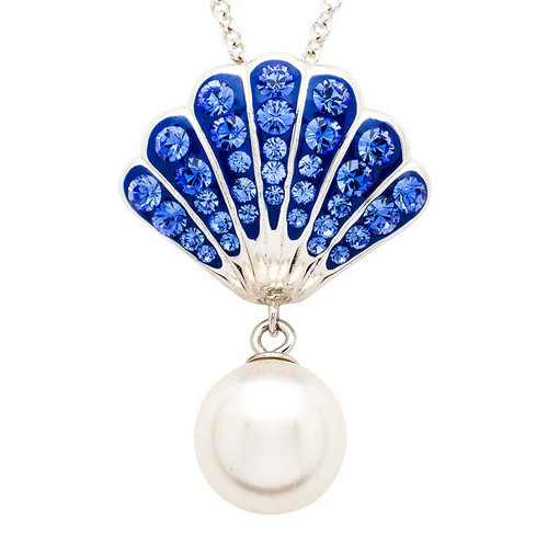 Sterling Silver Pearl Seashell Necklace with Sapphire Crystals