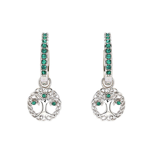 Sterling Silver Tree of Life Earrings with Green Crystals