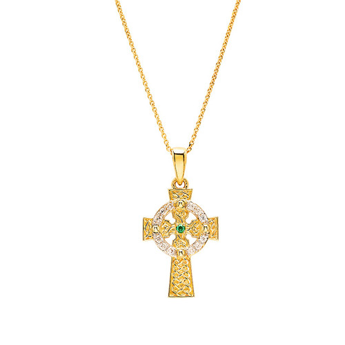 14kt Yellow Gold Ringed Lab Grown Diamond Emerald Celtic Cross