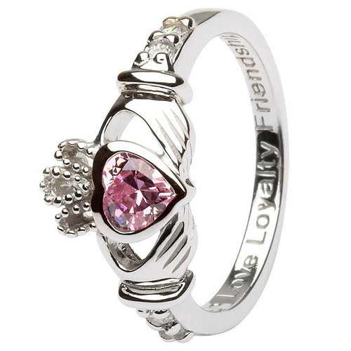 Claddagh Birthstone Ring October: Pink CZ