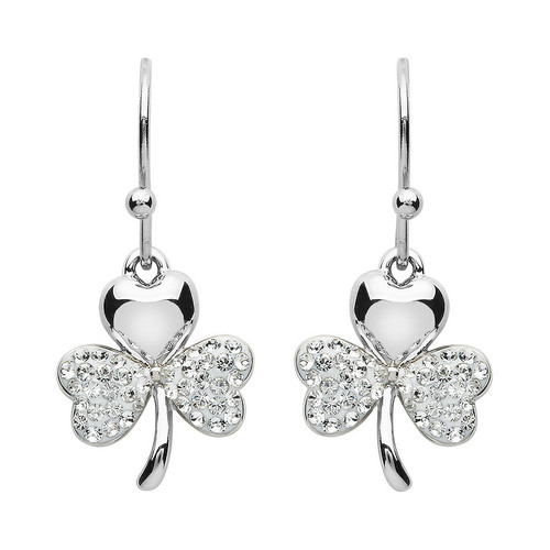 Platinum Plate White Shamrock Medium Drop Earrings Swarovski