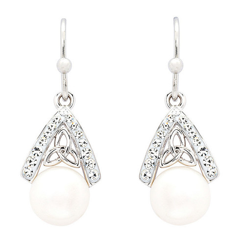 Platinum Plated Trinity Pearl White Crystal Earrings