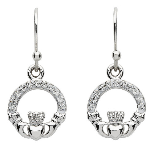 Platinum Plate White Claddagh Small Drop Earrings Swarovski