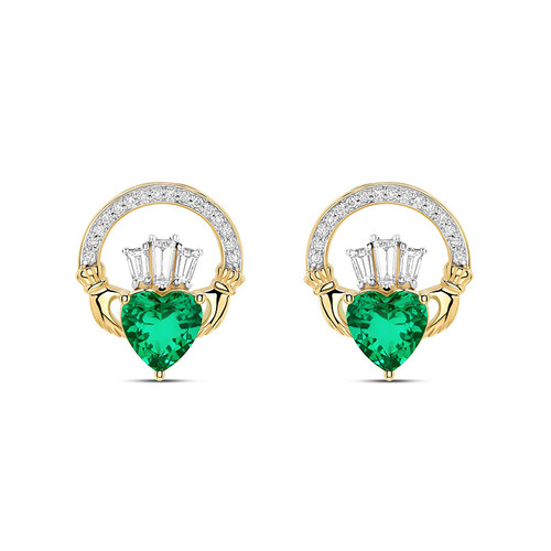 14kt Gold Lab emerald and Diamond Claddagh Drop Earrings